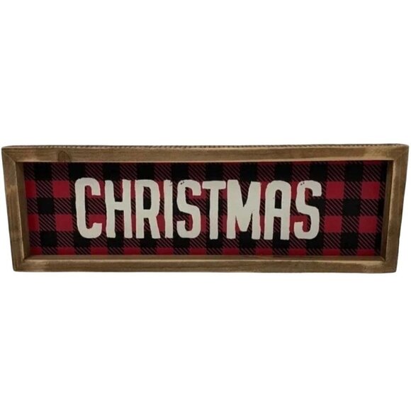 Christmas Buffalo Checked 15 inch Sign Red Black Free Stand or Hang Rustic 2 - Picture 1 of 5